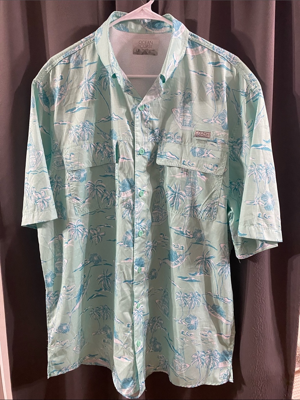 NWOT OCEAN COAST Men's  LARGE TALL Mint Green Tropical Short-Sleeve Shirt VENTED